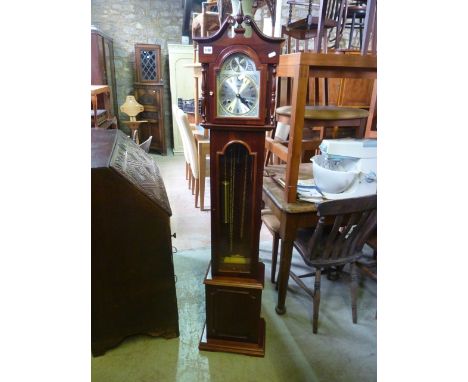 A Highlands miniature grandmother longcase clock in polished mahogany, the arched and broken dial with silvered chapter ring 