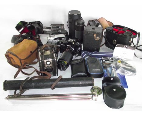 A collection of 20th century photographic equipment to include a cased REX camera, other cameras by Ricoh, Hannimex lens, etc