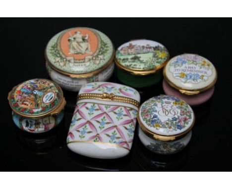 A COLLECTION OF HALCYON DAYS AND CRUMMELS ENAMEL BOXES, to include a Halcyon Days 'Justice' circular lidded pot, and a Crumme