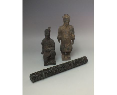 TWO 20TH CENTURY TERRACOTTA ARMY FIGURES, modelled as warriors in full battle armour, mounted on plinths, the kneeling warrio