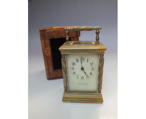 A MAPPIN &amp; WEBB LTD BRASS CARRIAGE CLOCK WITH LEATHER CASE, the enamel dial with numerals and makers mark below, the five