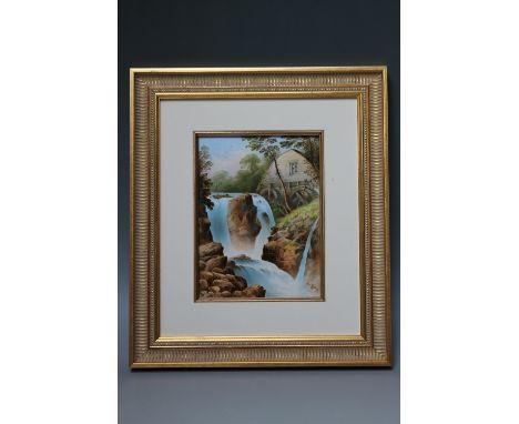 A LATE 19TH CENTURY ENGLISH PORCELAIN RECTANGULAR PLAQUE SIGNED R J KEELING, dated 1886, depicting a watermill and cascading 