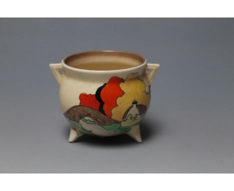A CLARICE CLIFF 'LORNA' SMALL CAULDRON, circa 1936, hand painted with a stylised cottage landscape, printed marks to the base