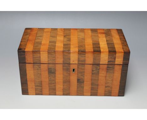 A 19TH CENTURY ROSEWOOD AND MAHOGANY BANDED TEA CADDY, the hinged lid opening to a part fitted interior, W 30 cm S/DCondition