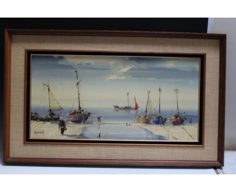 JORGE AGUILAR (1936). 'MORNING TIDE', a framed oil in canvas of a seascape, 40.4 cm x 80.5 cm