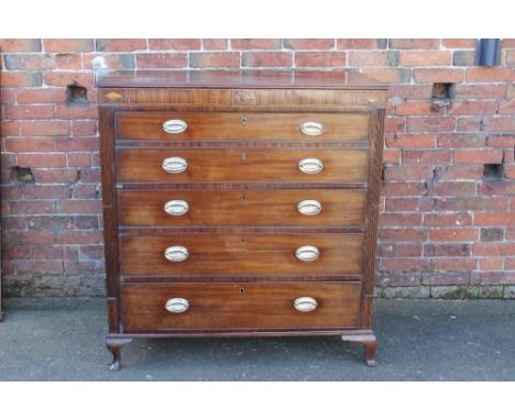 A 19TH CENTURY MAHOGANY INLAID SECRETAIRE CHEST, the fitted secretaire drawer with inlaid detail, three further long graduate