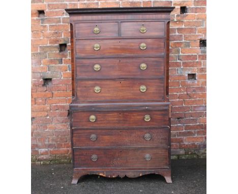 A 19TH CENTURY MAHOGANY TALLBOY, the upper section with dentilled cornice and canted corners, two short above three longer gr