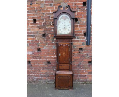 A 19TH CENTURY OAK AND MAHOGANY EIGHT DAY LONGCASE CLOCK BY W WAIN - BURSLEM, the painted dial with moon rolling mechanism, d