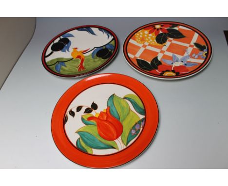 A COLLECTION OF THREE WEDGWOOD CLARICE CLIFF LIMITED EDITION CHARGERS, featuring 'Blossom', 'Red Tulip' and 'Bird of Paradise