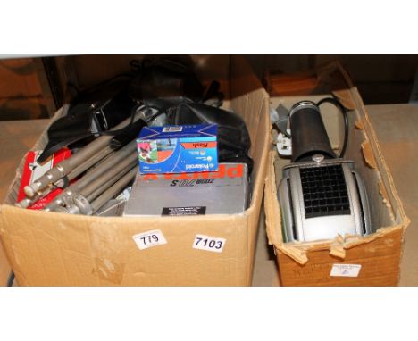 Box of vintage camera equipment and a projector