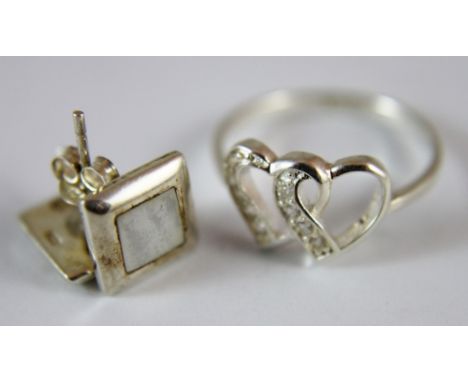 Silver heart ring, size O and a pair of silver and mother of pearl stud earrings