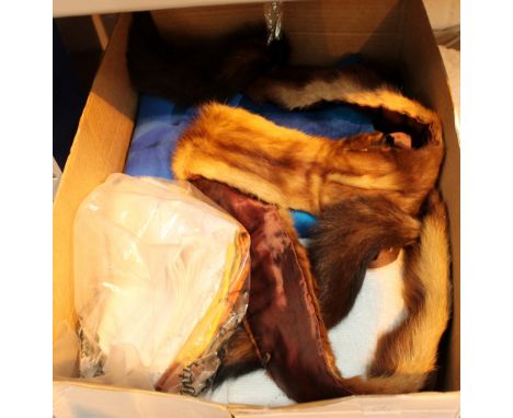 Box of mixed vintage linen and a mink stole