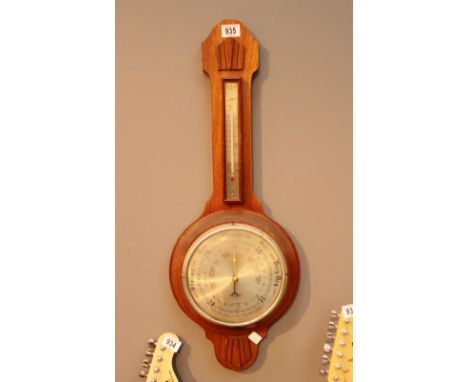 Shortland banjo aneroid barometer thermometer with carved wood frame. L: 76 cm