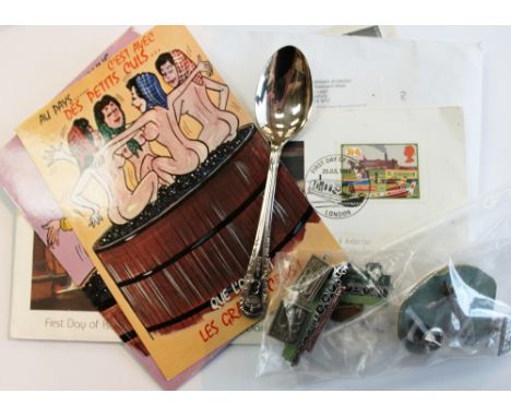 Mixed tray of collectables including enamel medals, French postcards etc 