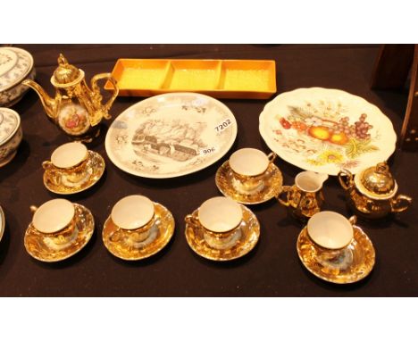 Gilded coffee set with Spode and Villeroy plates and Carltonware dish