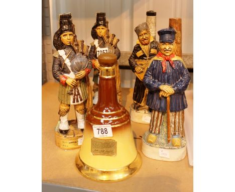 Four Italian ceramic whisky flasks and a spode bell
