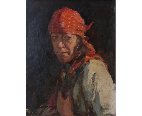 Allan Douglas Davidson, R.B.A., R.O.I., R.M.S. (1873–1932) Portrait of a man in a red and dotted bandana, circa 1925, signed 