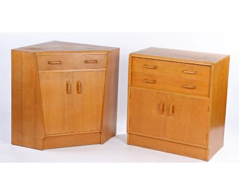 G-Plan light oak cabinet with two drawers above two cupboard doors, 76cm wide, together with a G-Plan corner unit with frieze