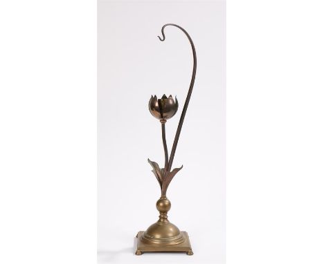 Rare Arts and Crafts early electric lamp by W.A.S Benson, with loop finial above a stylised floral sconce, leaf decorated ste