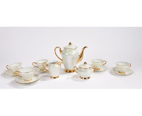 Czechoslovakian lustre and gilt decorated coffee set, comprising of coffee pot and cover, milk jug, sugar bowl and cover, fiv