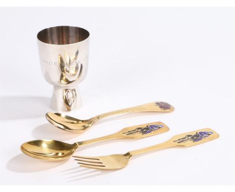 Danish silver cup by C.C Hermann, engraved "WHITE HORSE CUP 1972", Georg Jensen silver gilt spoon, the handle with flower hea
