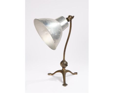 WAS Benson arts and crafts adjustable desk lamp, with Photax chrome shade, on a triform base, 35cm high