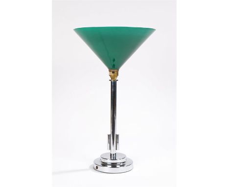 Art Deco reading lamp in the form of a martini glass, the green and white tapering glass shade above a chrome stem and steppe