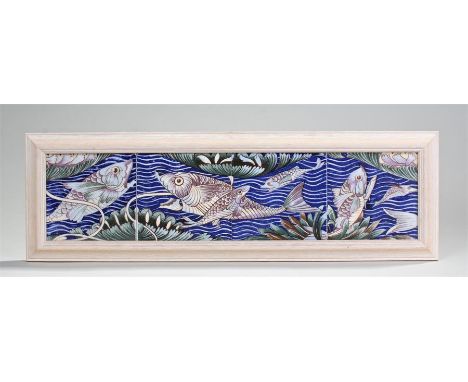 William De Morgan style, a set of four fish tiles with a flowing river and leaping fish, each tile 15cm wide, in a limed fram