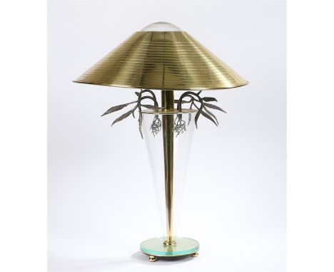 Banci table lamp, the tapering pierced ridged brass shade with domed glass central roundel, decorated with steel leaves to th