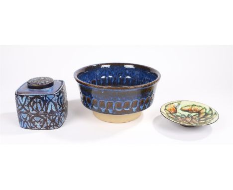 Danish studio pottery bowl by Soholm Stentoj, the blue and brown ground with impressed decoration, 25.5cm diameter, Danish st