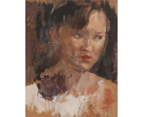 Manner of the Bloomsbury Group, head and shoulder portrait of a lady, unsigned oil on board, 27cm x 34cm