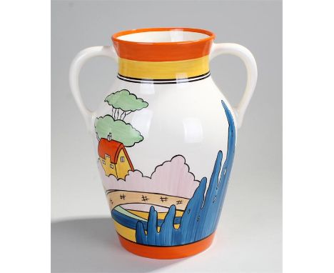 Clarice Cliff Bizarre twin handled vase of large proportions, Wedgwood Clarice Cliff Collection 2001, 30.5cm high