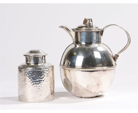 Bell Brand plate on pewter tea caddy and cover with beaten exterior, W.G & S plated Jersey milk can (2)