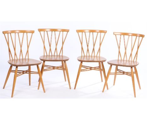 Set of four Ercol light blond elm and beech candlestick dining chairs, with curved cresting rails, crossed spindle turned spl