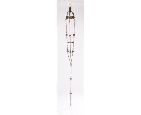 Pugin style gilt metal hanging lamp, with trefoil and flower head cast pierced pediment, the hanging bars interspersed with o