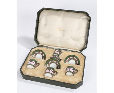 Continental porcelain and silver overlaid tea set, the puce and green banded bodies with leafy swag silver overlay, comprisin