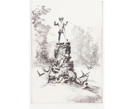 Sydney Mackenzie Litten (1887-1934), Peter Pan statue in Kensington Gardens, signed etching, in an ebonised frame, the etchin