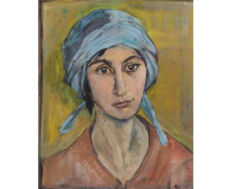Sheila, Portrait of a lady wearing a blue headscarf, signed bottom left Sheila, oil on canvas, the reverse with another portr