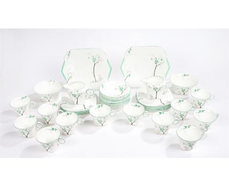 Shelley tea service, decorated with stylised trees surrounded by green borders, consisting of twelve teacups, twelve saucers,