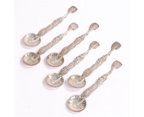 Set of six sterling silver spoons, the stems in the form of an Oriental lady holding a parasol forming the bowl, the finial i