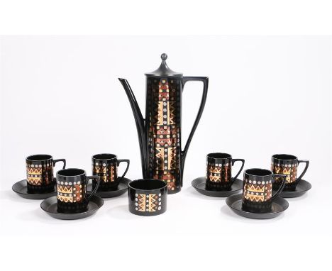 Portmeirion Aztec pattern coffee set, comprising tall coffee pot, six coffee cups, six saucers and sugar bowl 