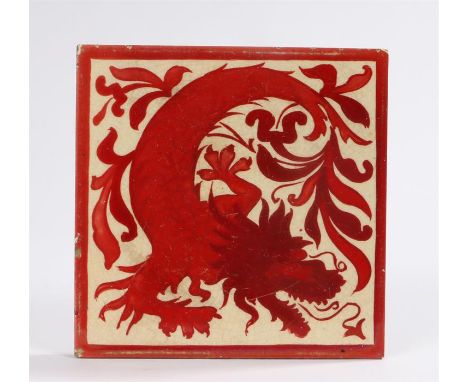 Craven Dunnill & Co copper lustre tile designed by Lewis F Day, depicting a mythical creature surrounded by scrolls, 15cm squ