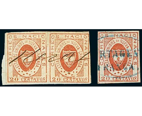 Latin AmericaColombia1861, 20c. red, one pair on piece cancelled by indistinct manuscript usage, and five single examples wit