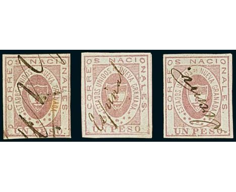 Latin AmericaColombia1861, 1p. rose lilac, an appealing group of five stamps, one unused without gum (thin spot at top), othe