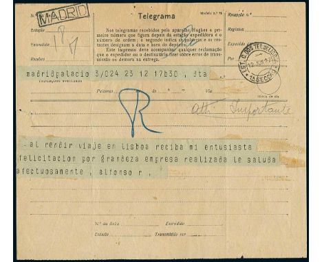 Francesco De PinedoAlfonso XIII di Borbone - Re di Spagna. Telegramma di felicitazioni a De Pinedo, datato in Lisbona il 12.6