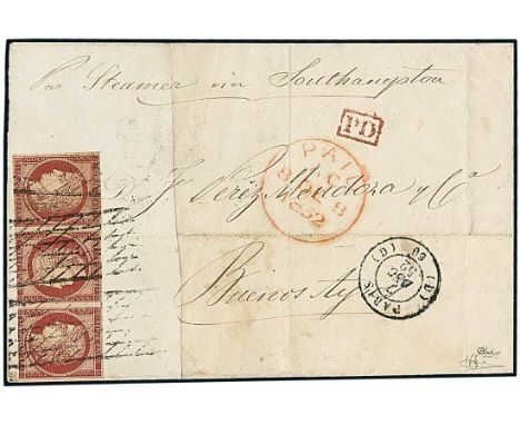 France1849, 1fr. dark carmine, tête-bêche contained in strip of three including the inverted cliché in centre, this coming fr