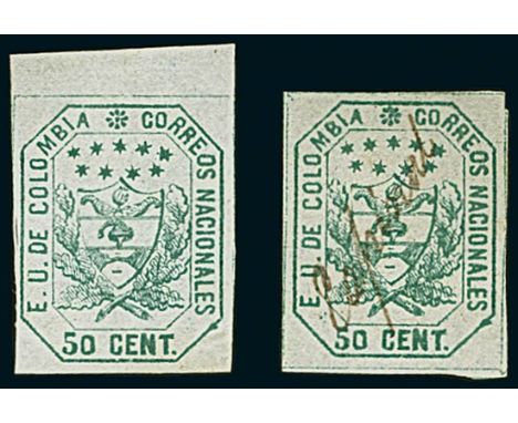 Latin AmericaColombia1862, 50c. green, three unused copies without gum, one being marginal, one showing stroke above "50" (te