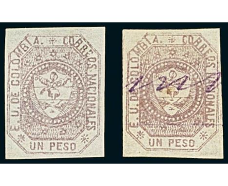 Latin AmericaColombia1861-62, 1p. lilac, a very fresh unused copy without gum, clear to mainly large margins, and two used ex