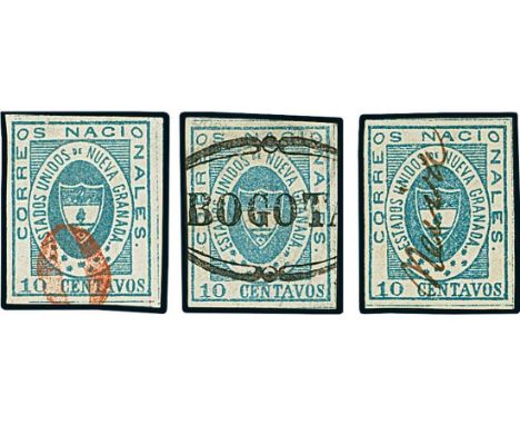 Latin AmericaColombia1861, 10c. blue, five well margined examples with cancellations including oval of pearls of Bogotá, "0" 