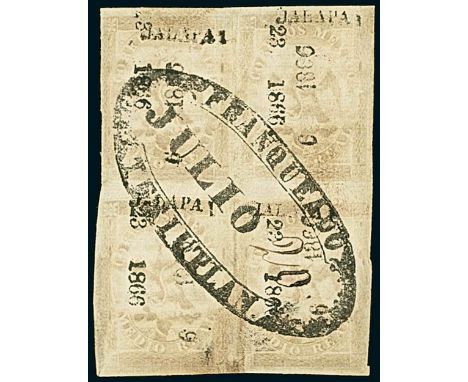 Latin AmericaMexico1866, ½r. grey, Jalapa 23-1866, 5th Period, block of four with mainly good margins, showing complete strik